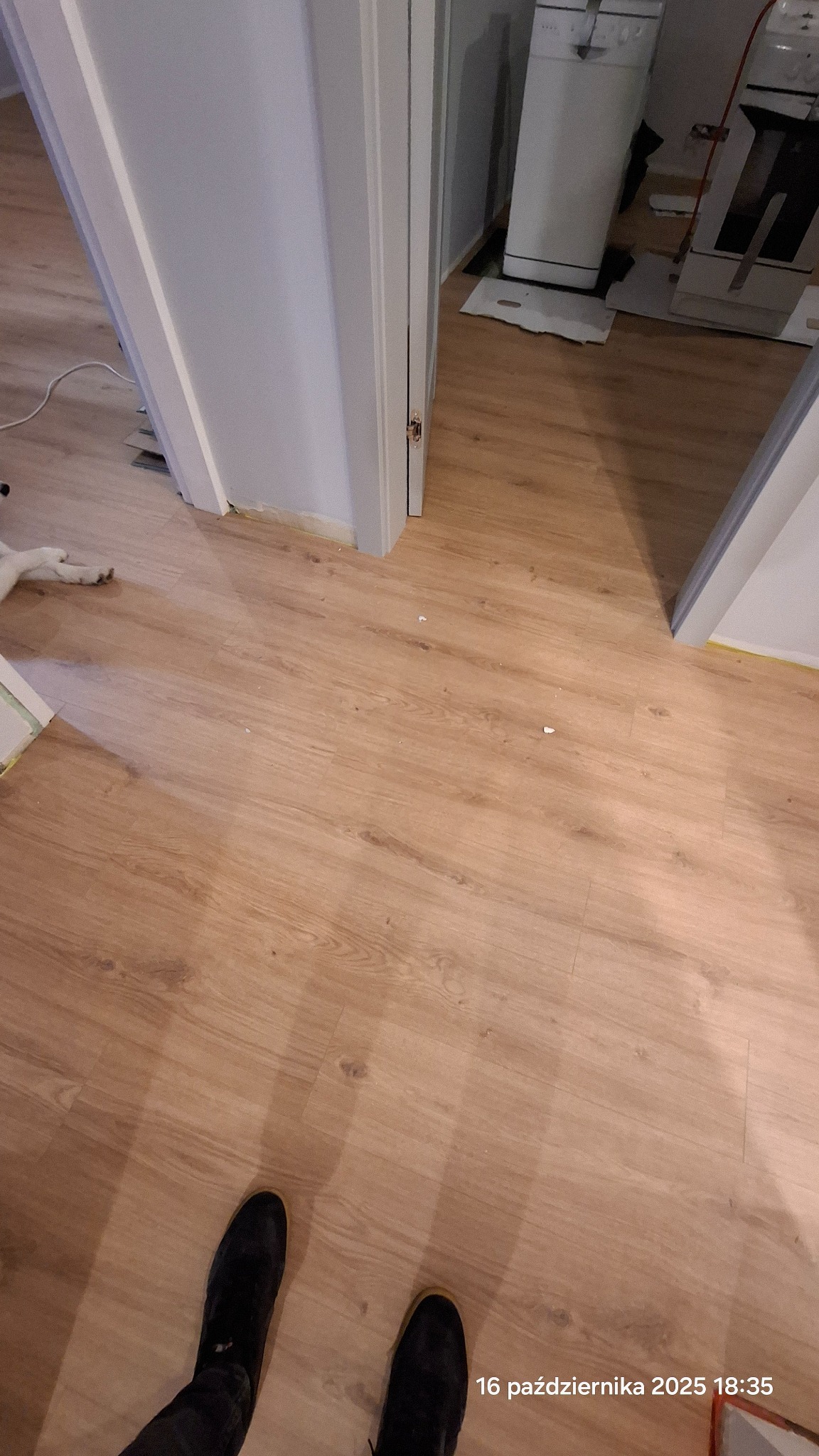 Jasne panele podłogowe w pokoju, widoczne fragmenty drzwi i sprzęt AGD w tle. U dołu kadru stopy w ciemnych butach. Widoczne drobne zabrudzenia na podłodze.