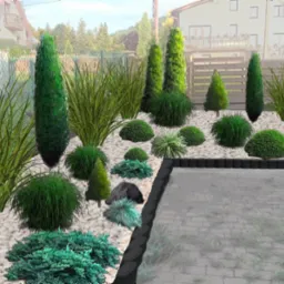 Projekt ogrodu z roślinami ozdobnymi na białym żwirze, obrzeża z czarnej kostki. W tle domy i ogrodzenie. Wizualizacja nasadzeń w ogrodzie.