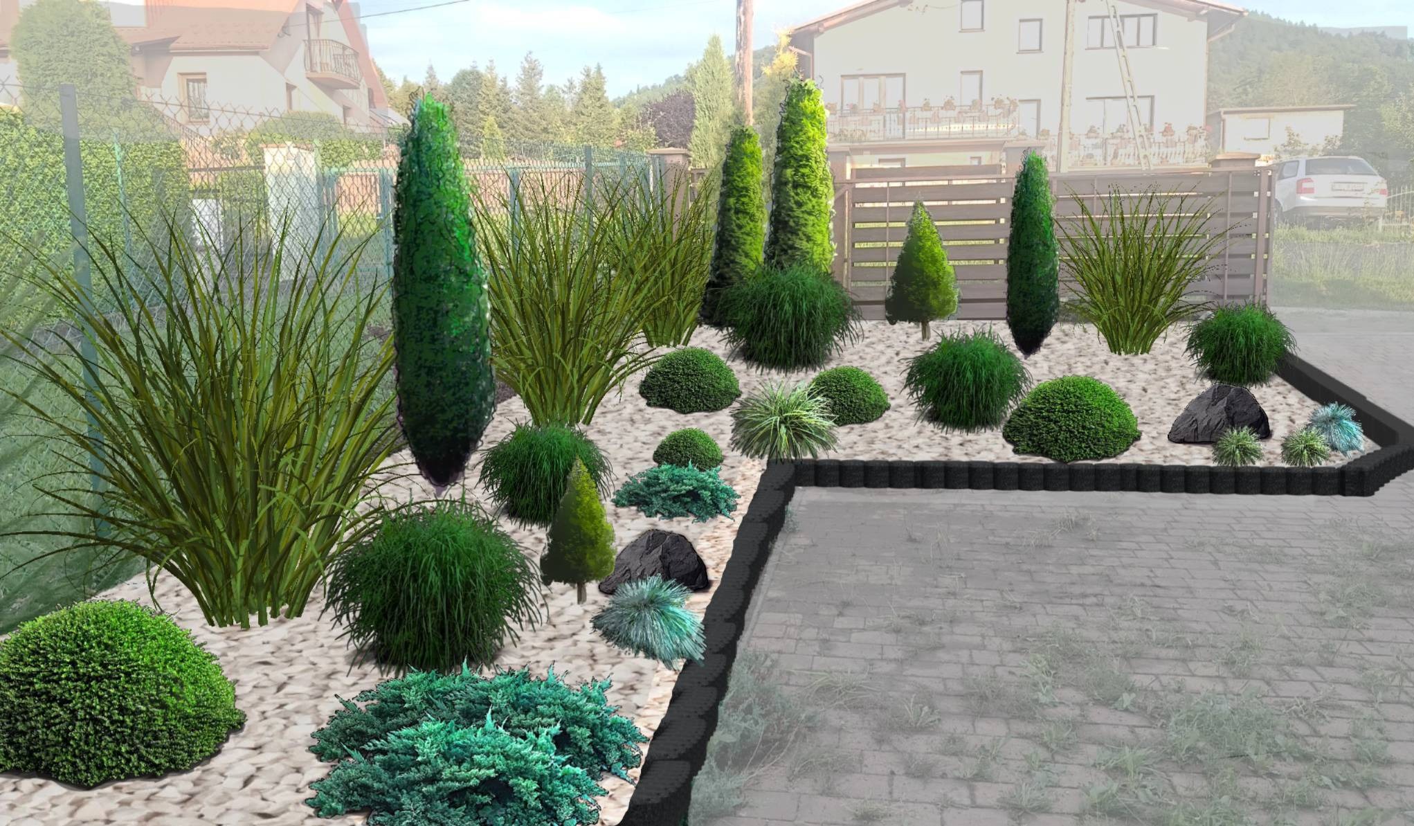 Projekt ogrodu z roślinami ozdobnymi na białym żwirze, obrzeża z czarnej kostki. W tle domy i ogrodzenie. Wizualizacja nasadzeń w ogrodzie.