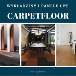 Kompozycja trzech wnętrz: wykładzina w geometryczne wzory, sala konferencyjna z wykładziną i parkiet w jodełkę. Prezentacja różnorodnych podłóg.