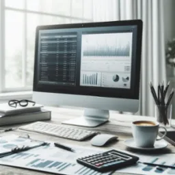 Monitor z wykresami na biurku z kalkulatorem, kawą i okularami. Jasne, naturalne światło. Prezentacja danych finansowych, analiza i planowanie.