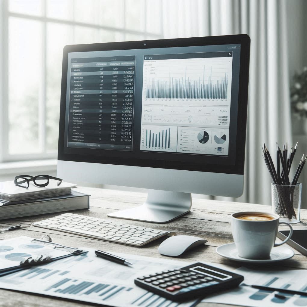 Monitor z wykresami na biurku z kalkulatorem, kawą i okularami. Jasne, naturalne światło. Prezentacja danych finansowych, analiza i planowanie.