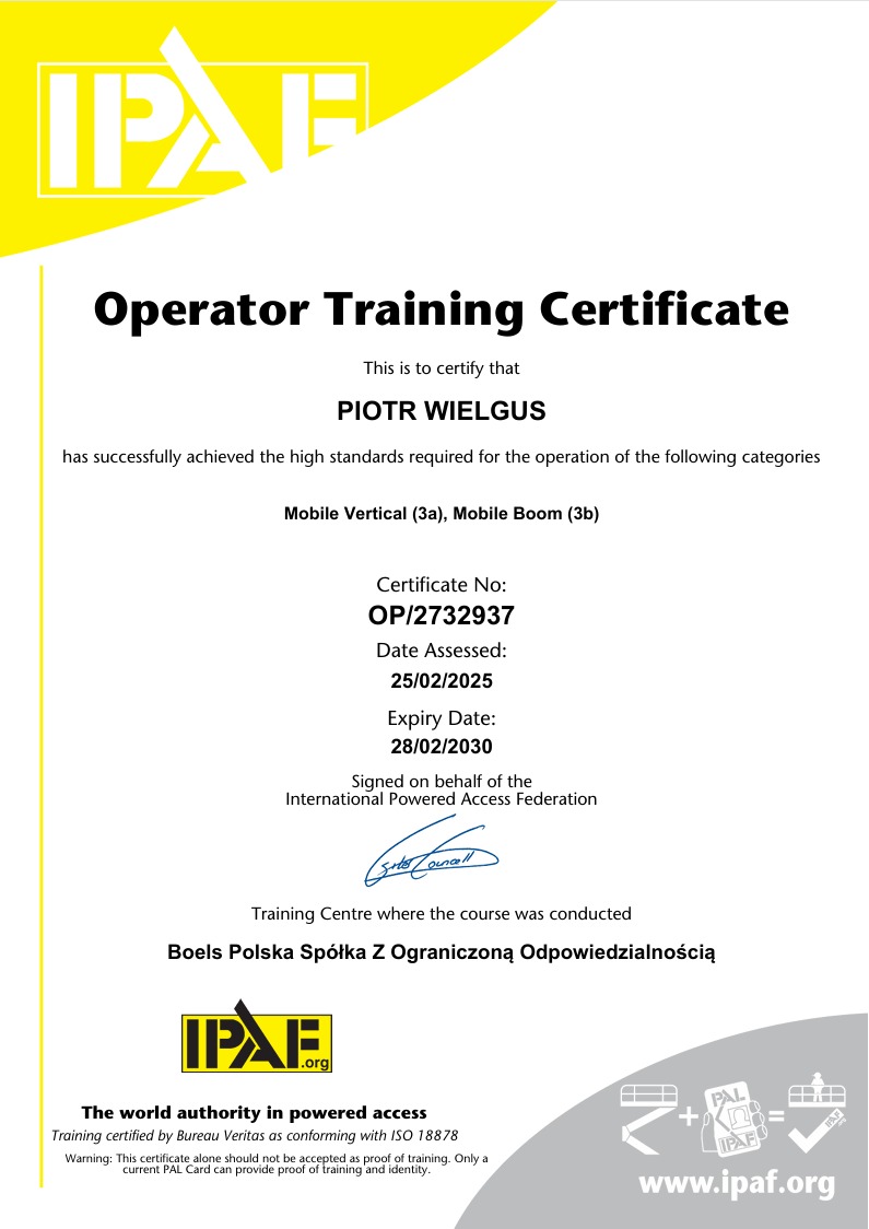 Certyfikat międzynarodowych uprawnień IPAF