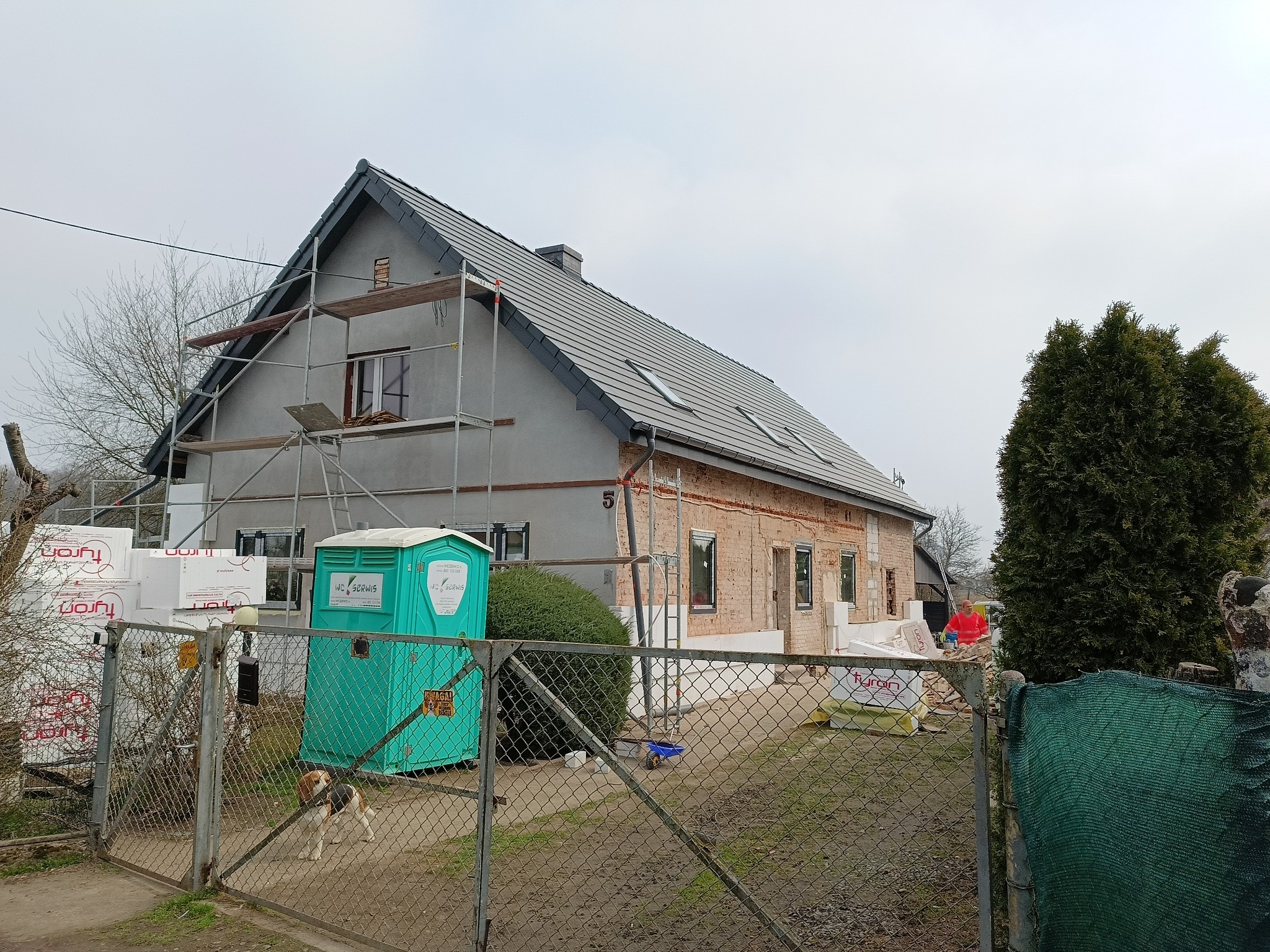 Dom w trakcie ocieplania: część elewacji otynkowana na szaro, część z cegły, rusztowania, styropian, budka WC i pies przy płocie. Widok z zewnątrz.