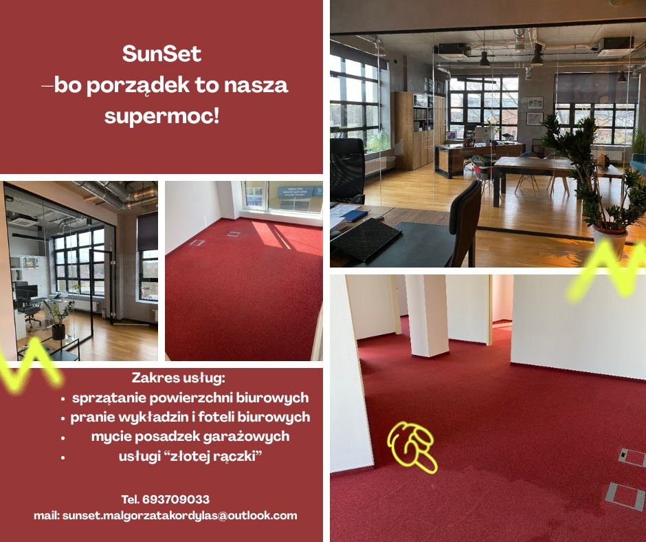 Wnętrze biura po sprzątaniu: czerwona wykładzina, szklane ściany działowe, biurka i krzesła. Widok na uporządkowane przestrzenie biurowe.