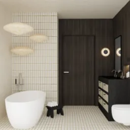 Nowoczesna aranżacja łazienki z wolnostojącą wanną, drewnianymi lampami i ciemną zabudową z umywalką. Jasne płytki na ścianach i podłodze.