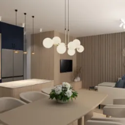 Nowoczesne wnętrze: kuchnia z wyspą i salon z drewnianą ścianą. Nad stołem designerska lampa z kulistymi kloszami. Minimalistyczny styl, ciepłe barwy.