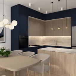 Wizualizacja wnętrza kuchni z wyspą, ciemnoniebieskimi szafkami i beżowym blatem. Nad stołem designerska lampa. Na stole wazon z białymi kwiatami.