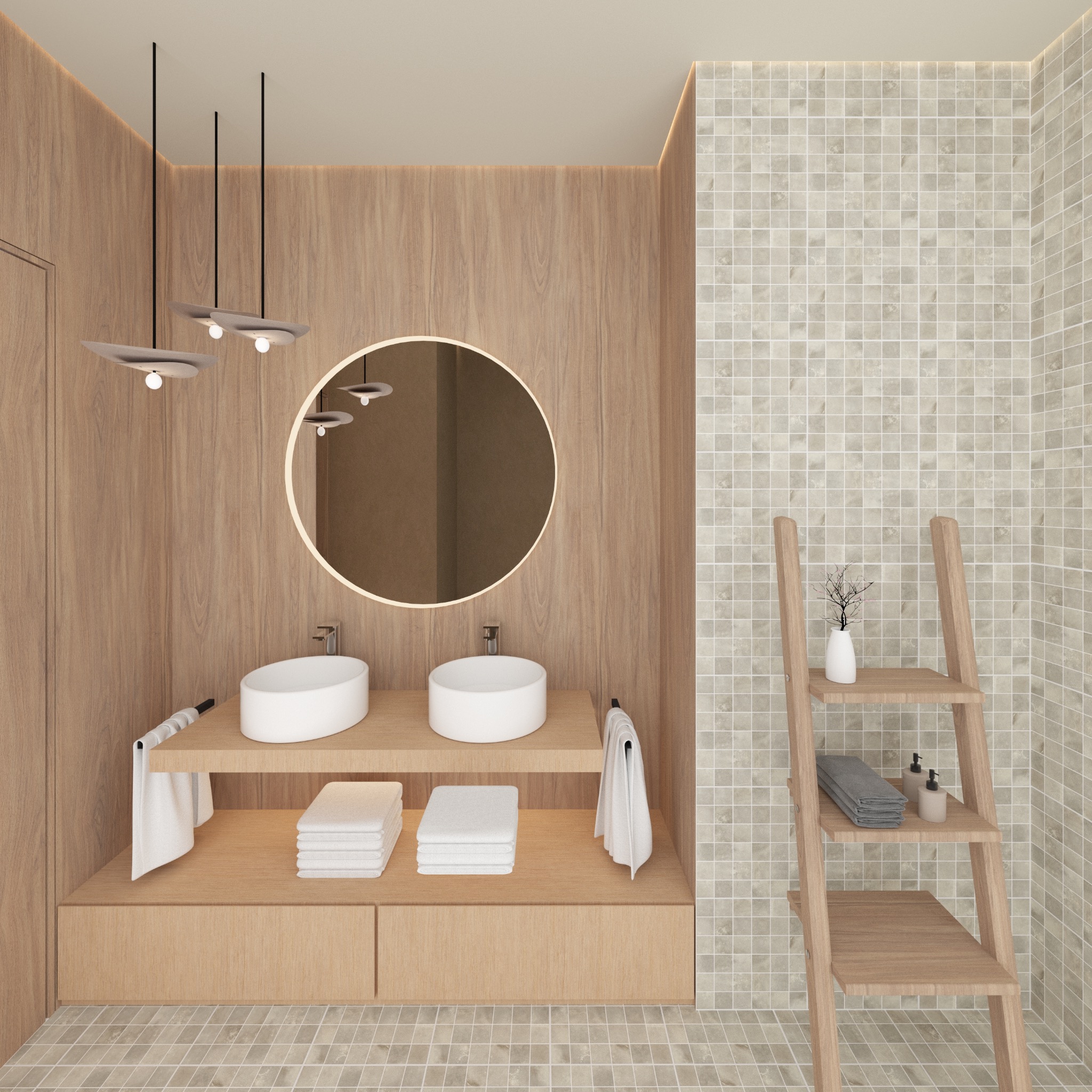 Nowoczesna łazienka z drewnianą zabudową, okrągłym lustrem z podświetleniem i mozaiką na ścianie. Minimalistyczne lampy wiszące i drabinka z akcesoriami.