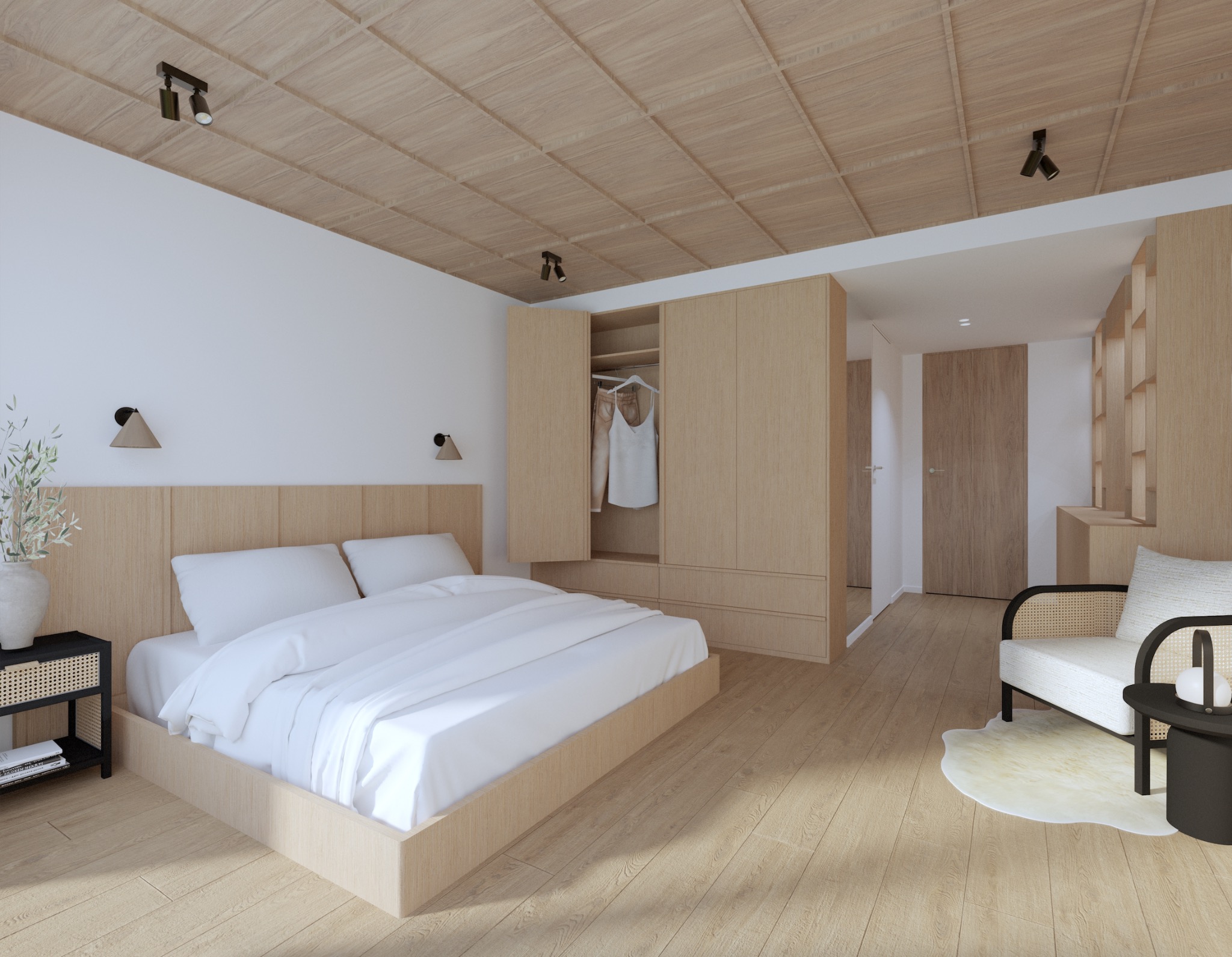 Jasna sypialnia w Krakowie: łóżko z drewnianym wezgłowiem, otwarta szafa z ubraniami i sufit z drewnianych paneli, oświetlona lampami punktowymi.