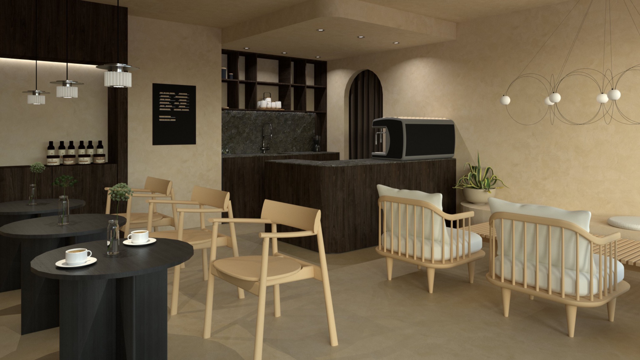 Wnętrze kawiarni z drewnianymi meblami, ekspres do kawy i menu na ścianie. Minimalistyczny design, ciepłe oświetlenie. Filiżanki na stolikach.