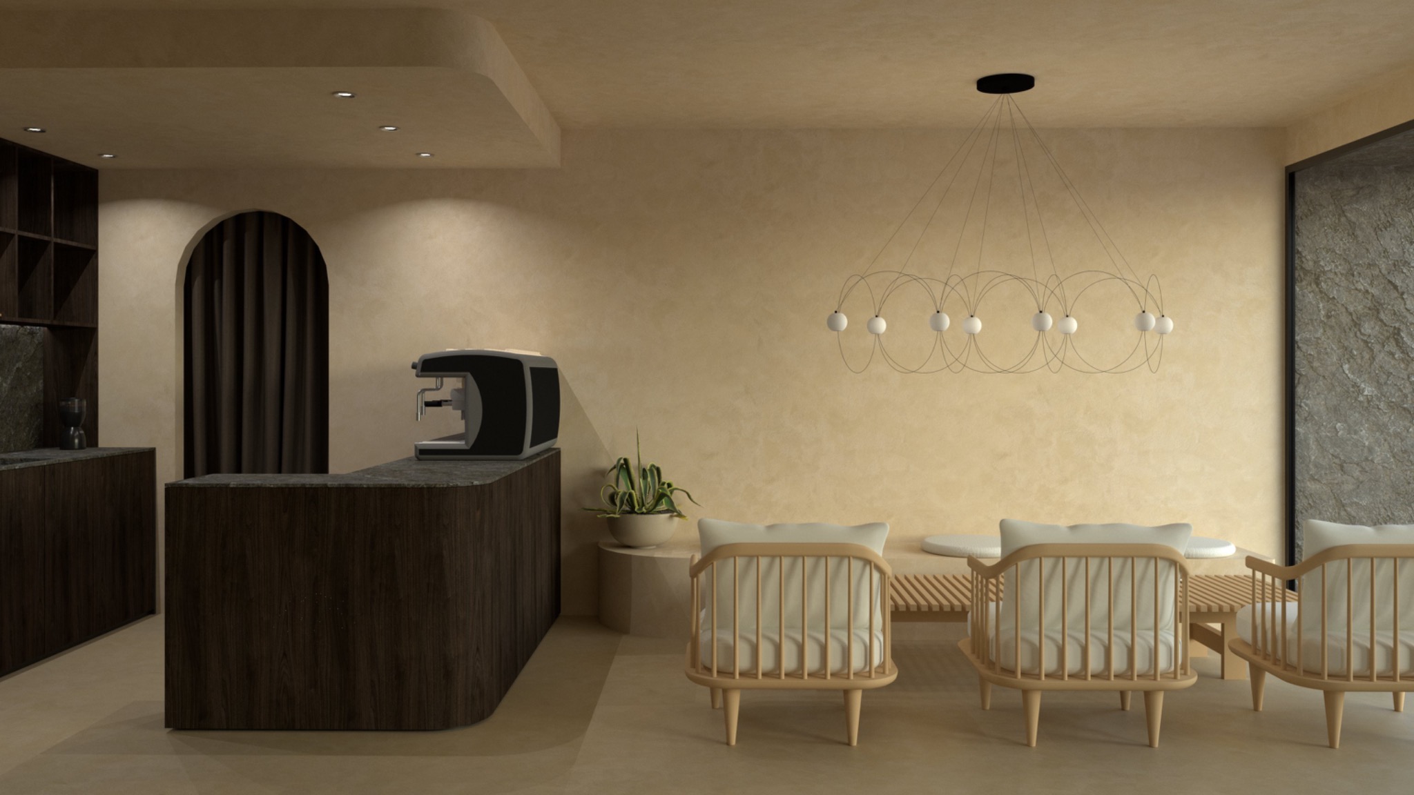 Beżowe wnętrze kawiarni z ciemnym drewnianym barem, nowoczesnym oświetleniem i jasnymi krzesłami. Widoczny ekspres do kawy i dekoracyjna roślina.