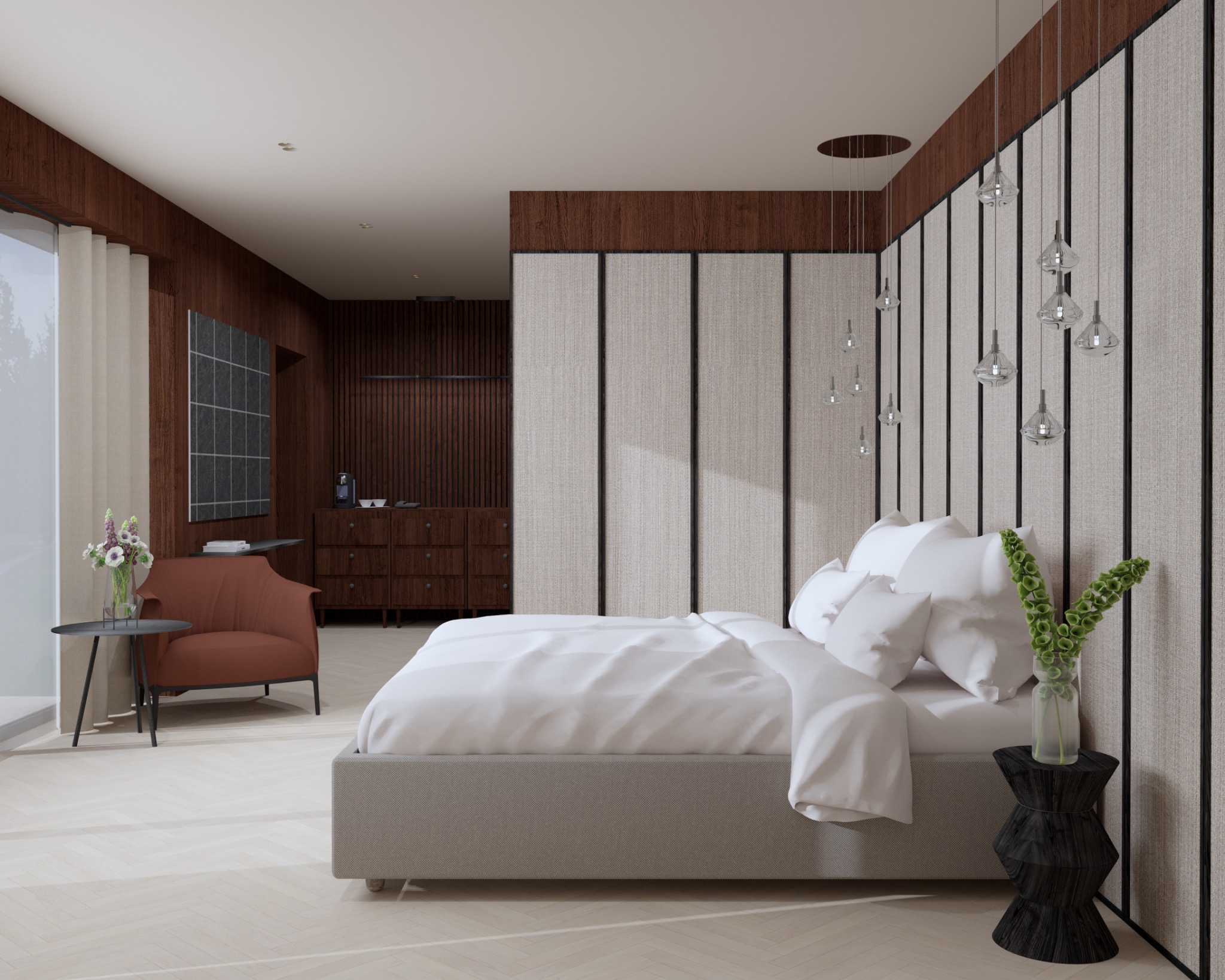 Nowoczesna sypialnia z łóżkiem na podeście, drewnianą ścianą z panelami i designerskim oświetleniem punktowym. Wnętrze doświetlone przez duże okno.