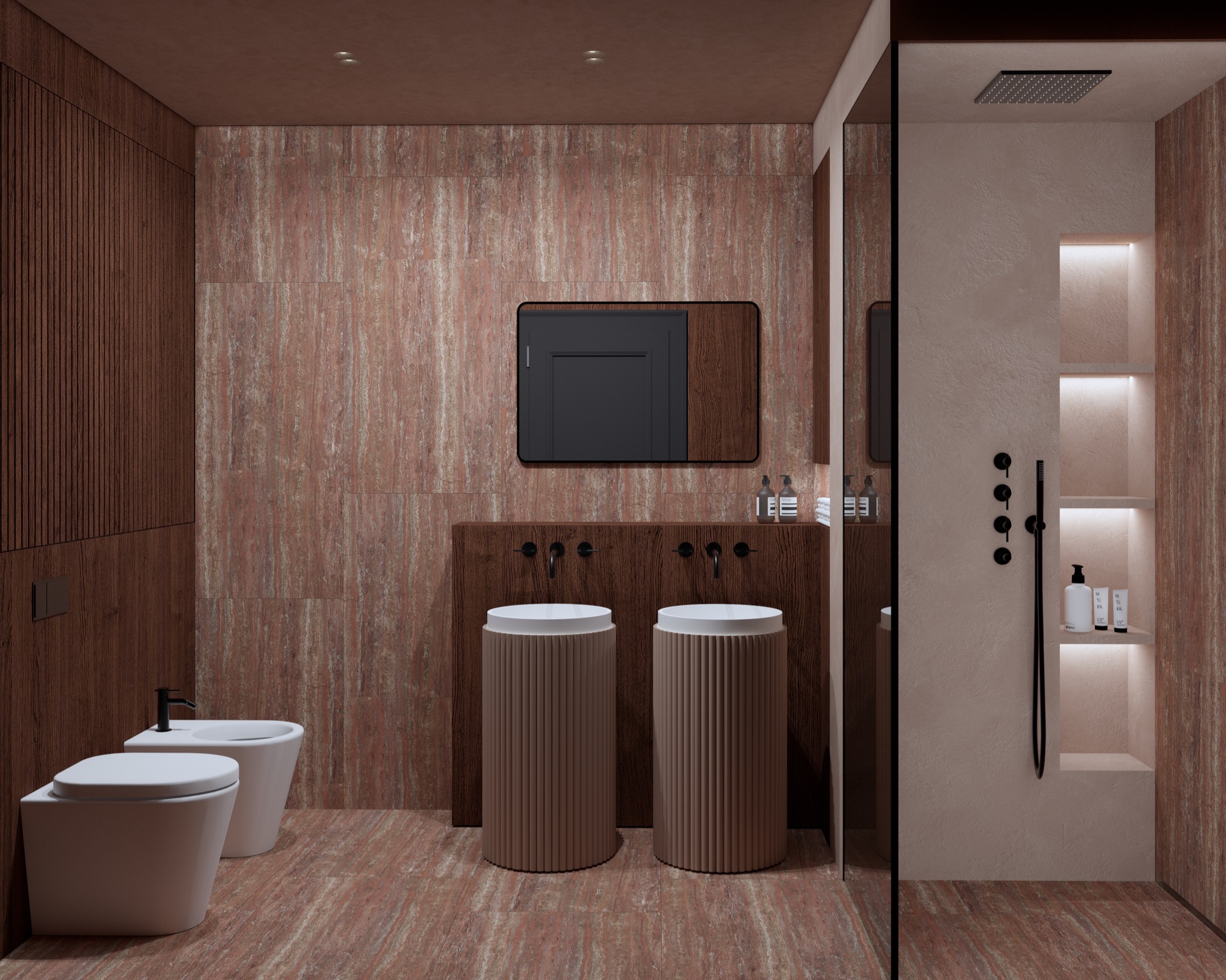 Nowoczesna łazienka z dwoma umywalkami na postumentach, kabiną prysznicową typu walk-in i toaletą. Brązowe płytki imitujące drewno na ścianach i podłodze.