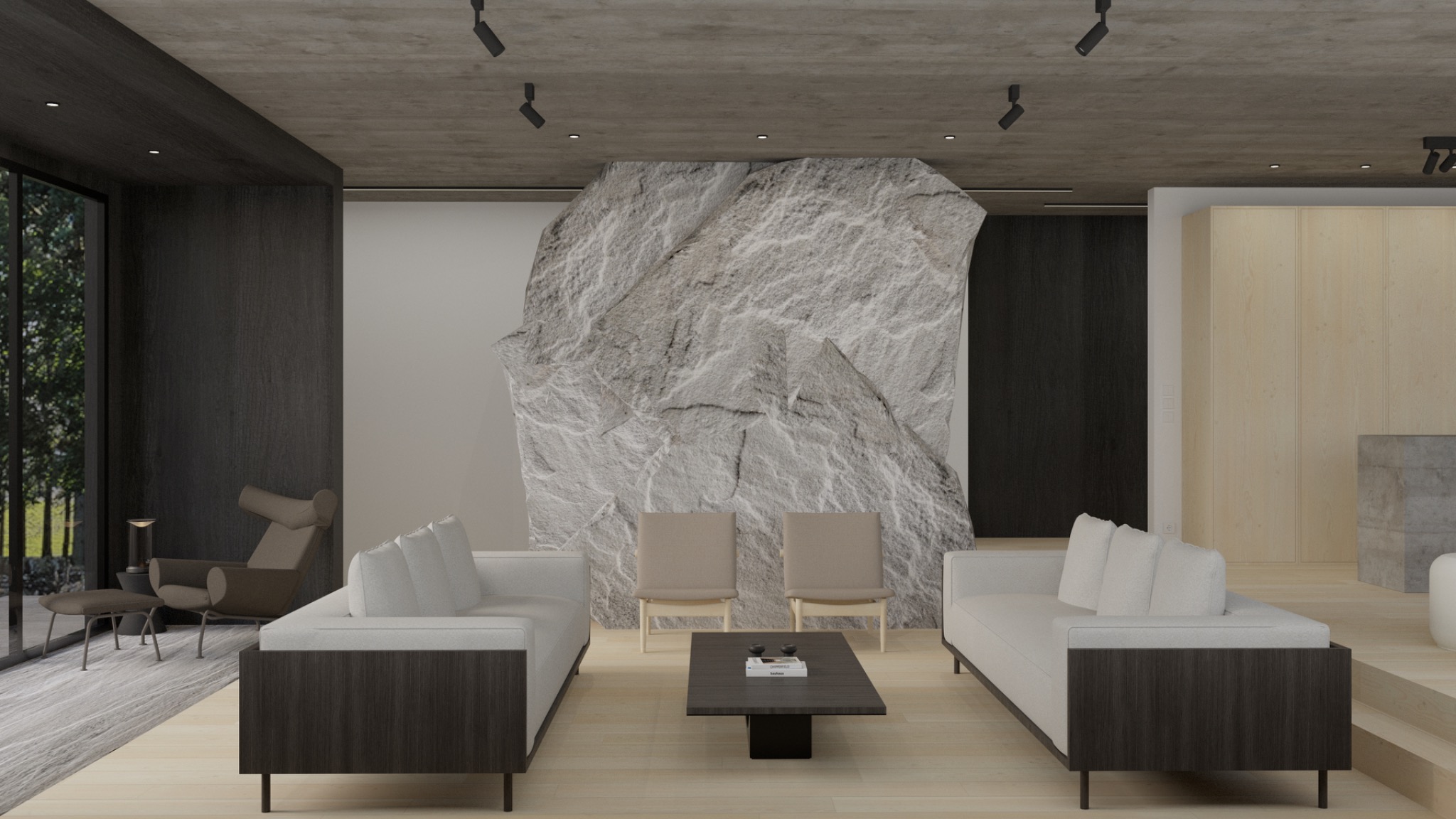 Nowoczesny salon z sofami, kamienną ścianą i drewnianymi akcentami. Minimalistyczny design z oświetleniem punktowym i dużym oknem.