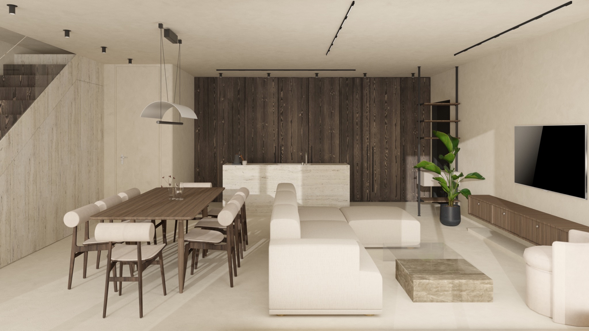 Nowoczesne wnętrze: drewniana ściana, stół z krzesłami, biała sofa i TV. Minimalistyczny design z rośliną doniczkową. Górne oświetlenie punktowe i listwowe.