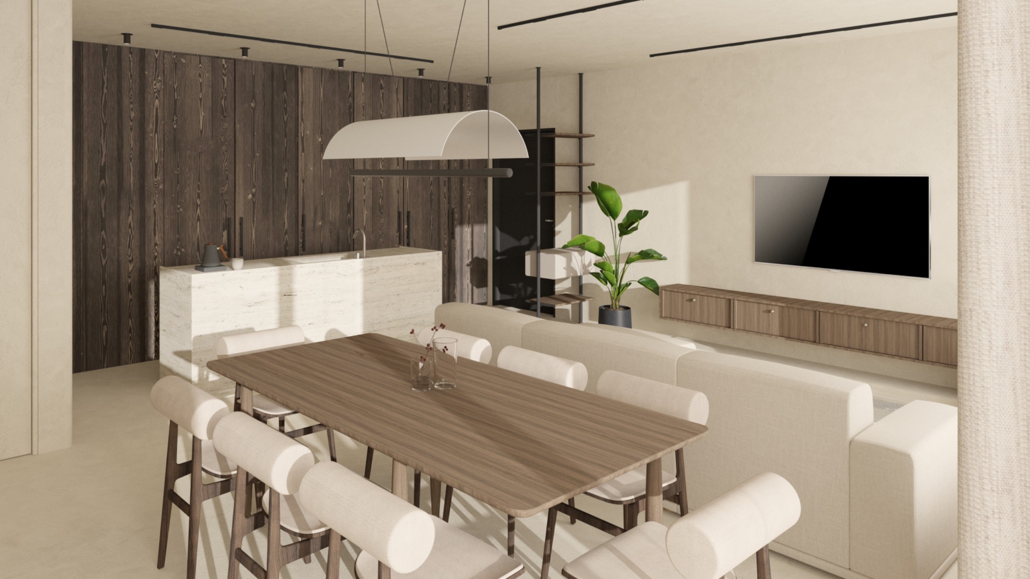 Jasne wnętrze z drewnianym stołem, krzesłami z kremowymi oparciami, kuchnią z drewnianą ścianą i salonem z telewizorem. Minimalistyczny design.