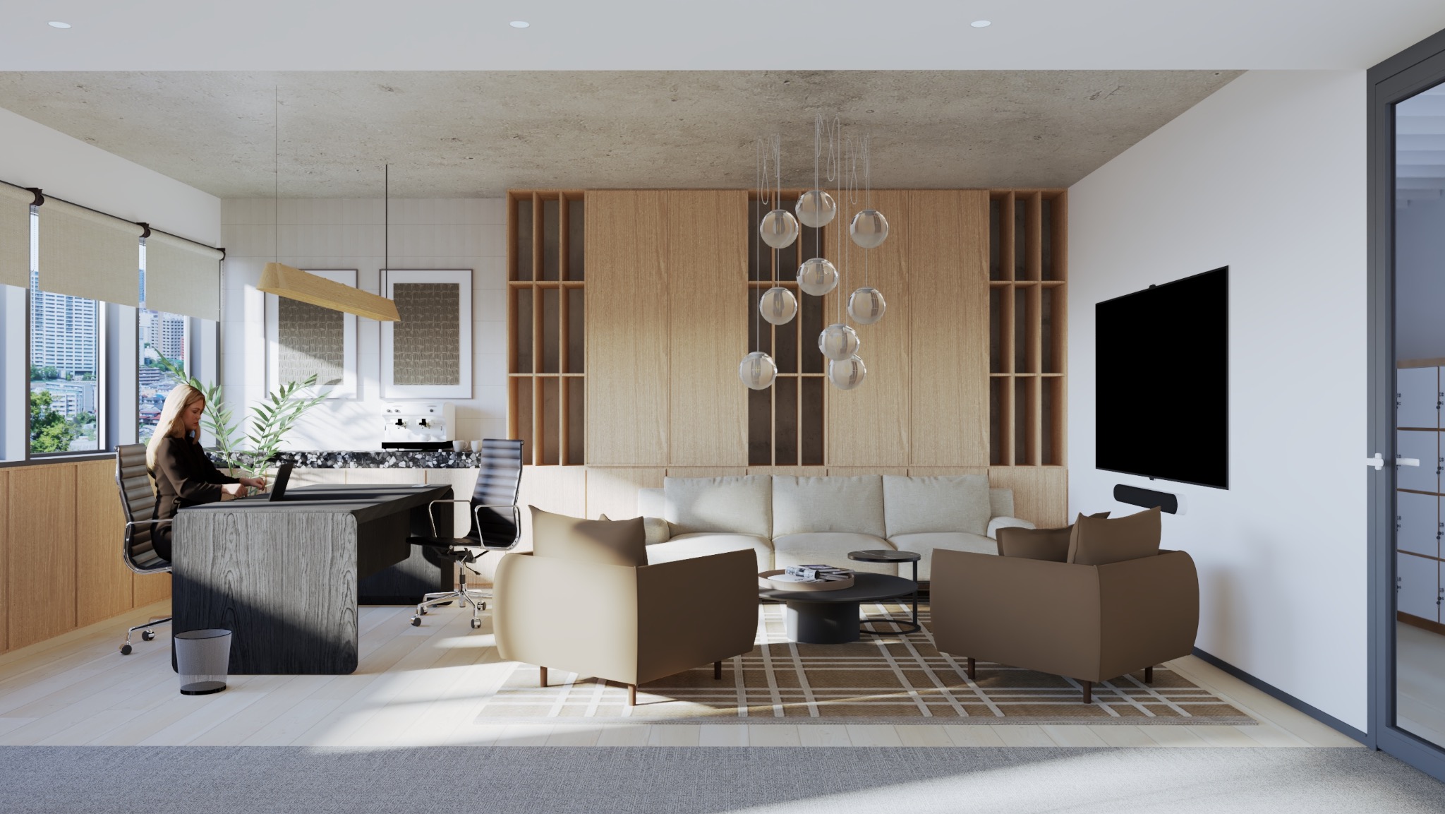 Nowoczesna aranżacja biura: kobieta pracuje przy biurku, w tle sofa, fotele i telewizor. Jasne kolory, drewniane elementy, minimalistyczny design.