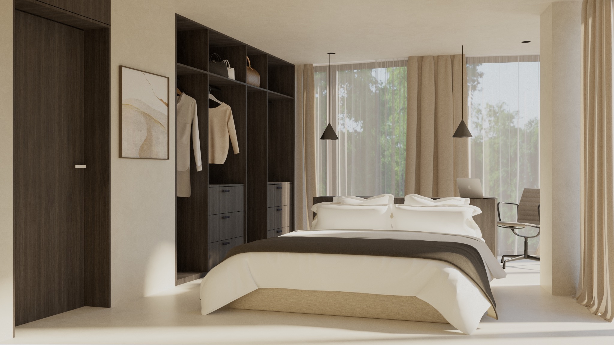 Nowoczesna sypialnia z minimalistycznym łóżkiem, ciemną szafą wnękową i biurkiem przy oknie. Neutralna paleta barw z akcentami brązu i beżu.