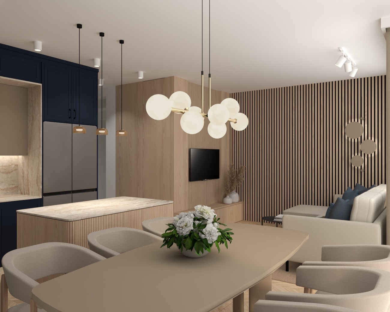 Nowoczesne wnętrze: kuchnia z wyspą i salon z drewnianą ścianą. Nad stołem designerska lampa z kulistymi kloszami. Minimalistyczny styl, ciepłe barwy.