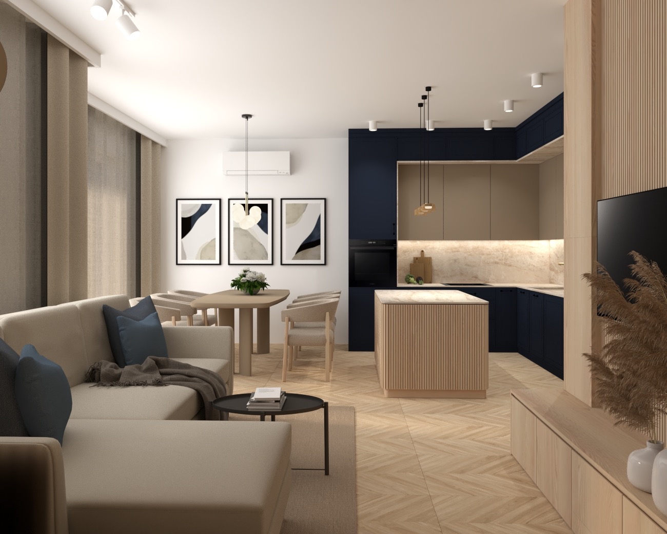Nowoczesne wnętrze: beżowa sofa z poduszkami, stół z kwiatami, kuchnia z wyspą i ciemnymi szafkami. Parkiet w jodełkę, minimalistyczne obrazy na ścianie.