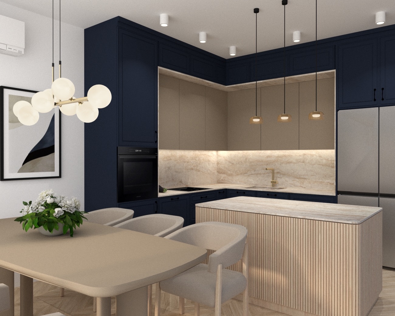 Wizualizacja wnętrza kuchni z wyspą, ciemnoniebieskimi szafkami i beżowym blatem. Nad stołem designerska lampa. Na stole wazon z białymi kwiatami.