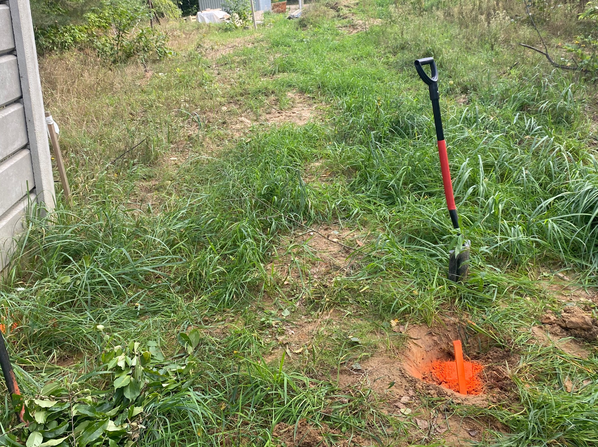 Wytyczenie punktu w terenie: pomarańczowy palik wbity w ziemię, obok wbita łopata z czerwoną rączką, trawa i betonowe ogrodzenie w tle. Prace ziemne.
