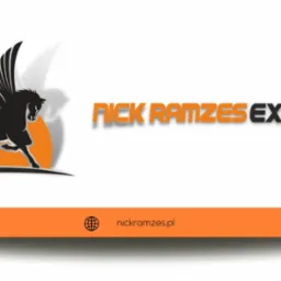 Grafika z logo firmy Nick Ramzes Express: sylwetka pegaza na pomarańczowym tle, nazwa firmy, adres ul. Gdańska 31 Ełk, strona internetowa i numery telefonów.