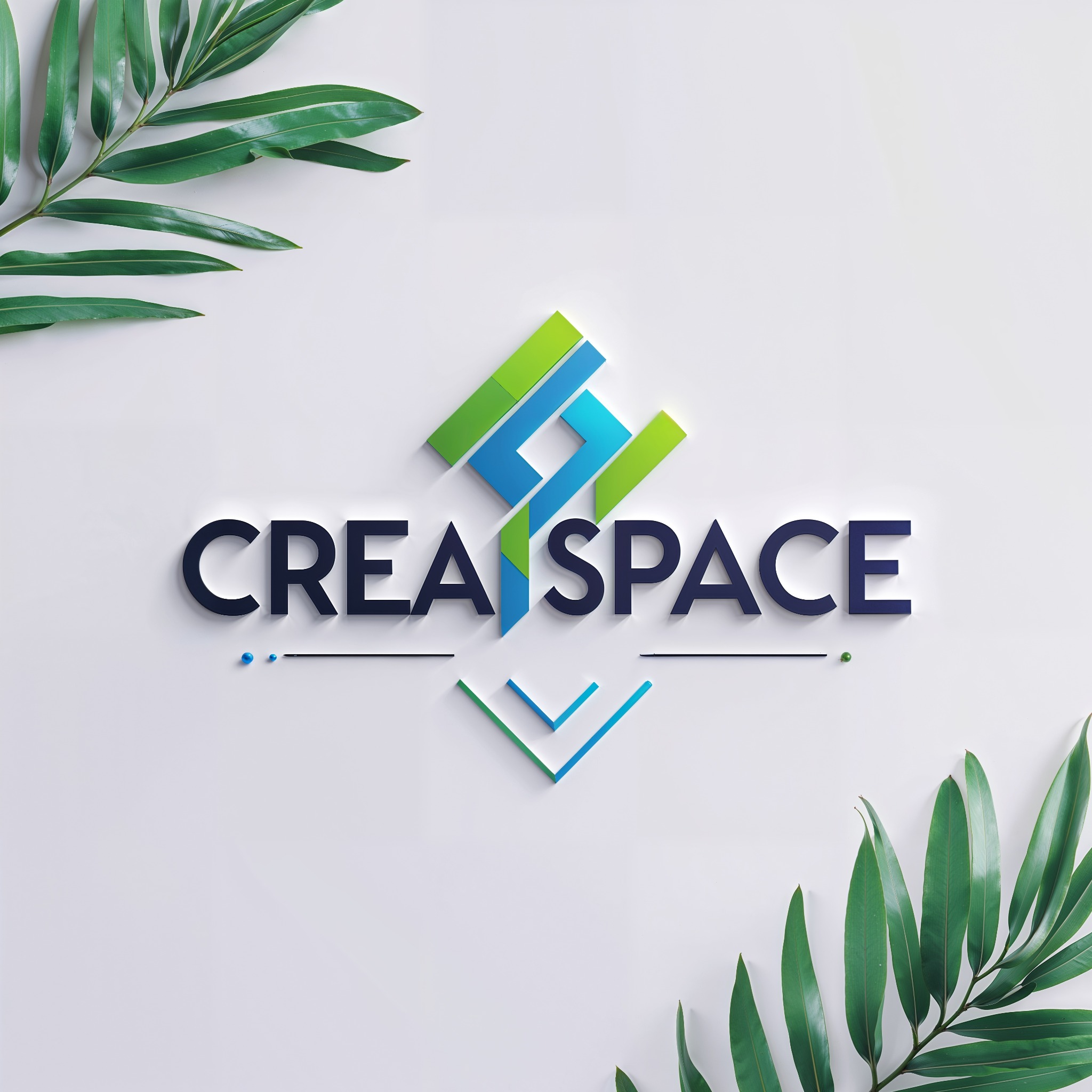 Grafika z nazwą 'CREASPACE' w ciemnym kolorze, nad nią logo z zielonych i niebieskich elementów, całość otoczona zielonymi liśćmi na białym tle.