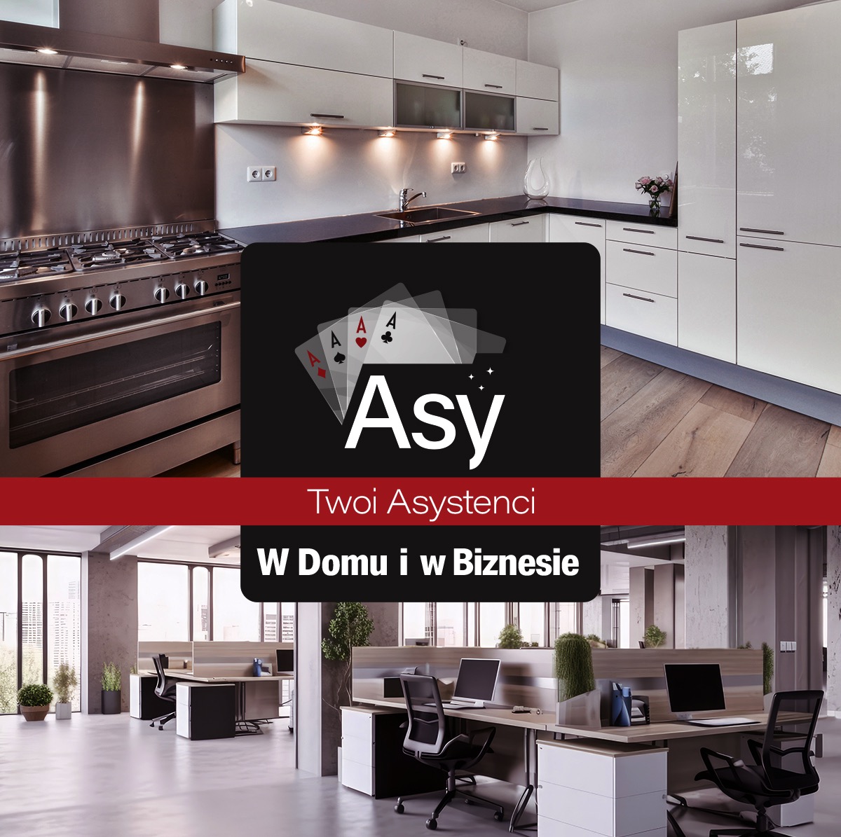 Nowoczesna kuchnia z dużą kuchenką i biuro z biurkami pod logo 'Asy Twoi Asystenci W Domu i w Biznesie'.