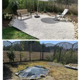 Zdjęcie 'przed i po' ukazuje metamorfozę ogrodu: zaniedbany teren z chwastami przekształcony w estetyczną przestrzeń z białym żwirem, ławką i parasolem.