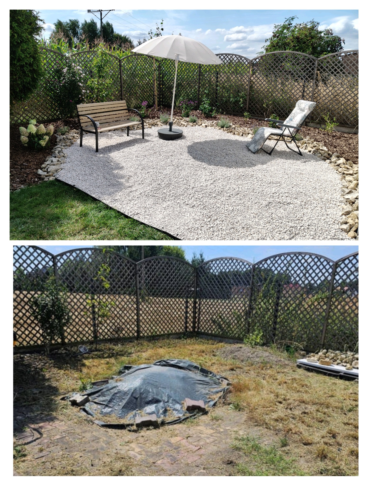 Zdjęcie 'przed i po' ukazuje metamorfozę ogrodu: zaniedbany teren z chwastami przekształcony w estetyczną przestrzeń z białym żwirem, ławką i parasolem.