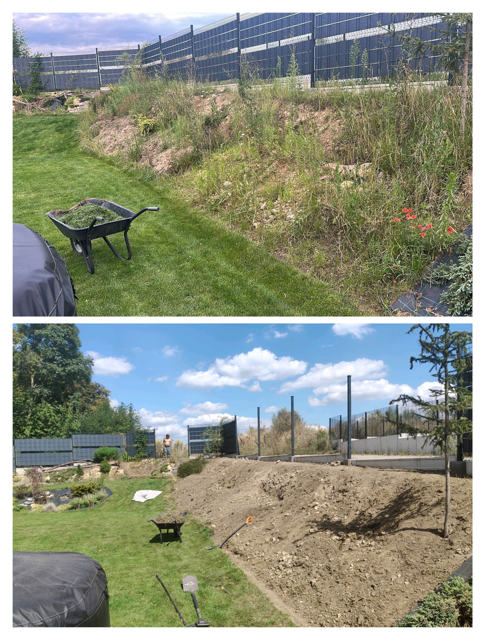 Zdjęcie 'przed i po' przedstawiające teren przed i po rekultywacji: zaniedbany zbocze z chwastami kontra wyrównana ziemia przygotowana pod przyszłą aranżację.