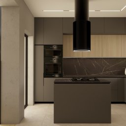 OLTOM WNĘTRZA ALEKSANDRA TOMALA - Nowoczesna kuchnia w odcieniach szarości i drewna z wyspą kuchenną i marmurowym blatem. Minimalistyczne oświetlenie LED podkreśla elegancki design.