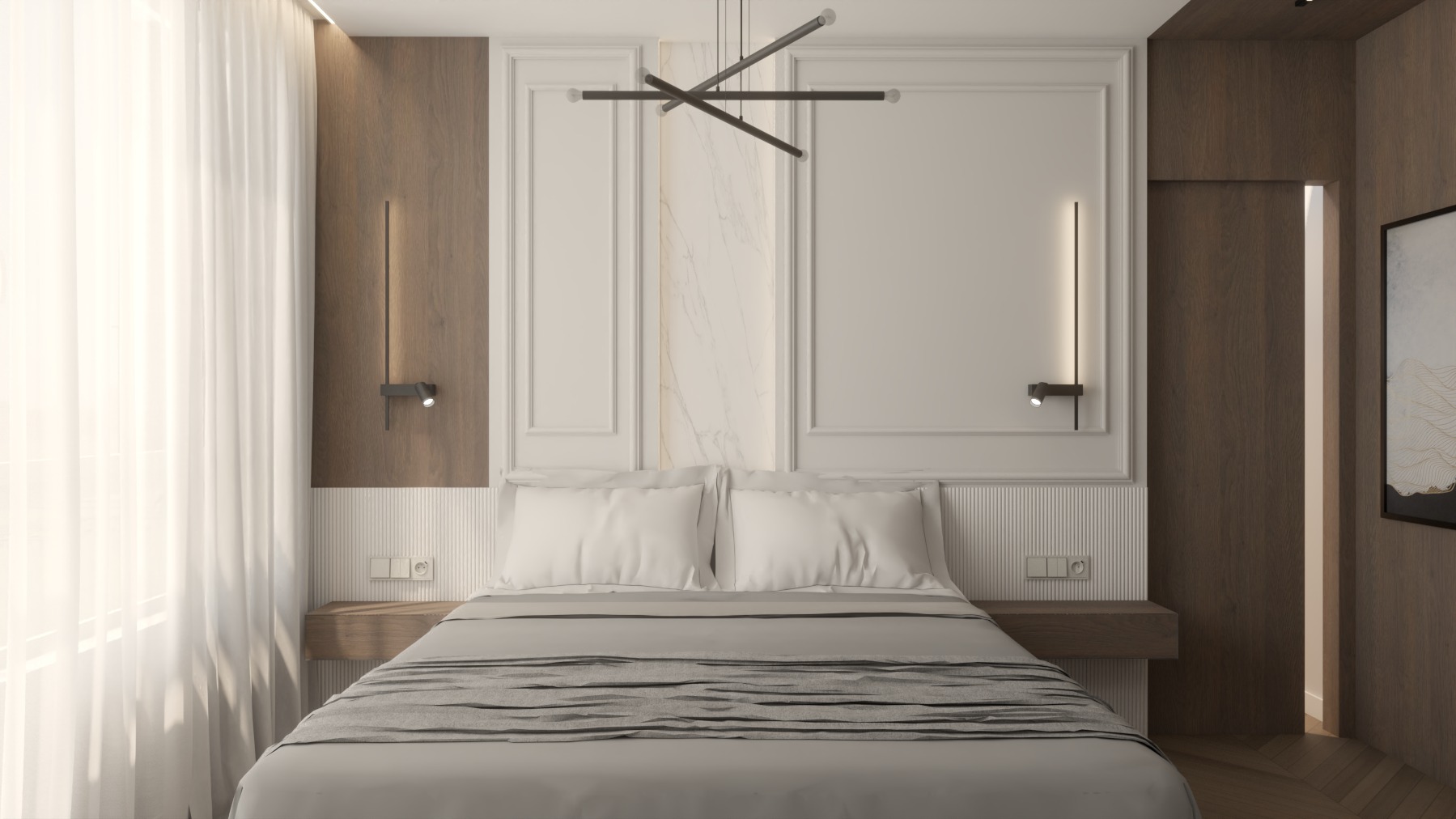Elegancka sypialnia w neutralnych barwach z drewnianymi akcentami i nowoczesnym oświetleniem. Widoczne łóżko z białą pościelą i szarą narzutą, minimalistyczna lampa sufitowa.