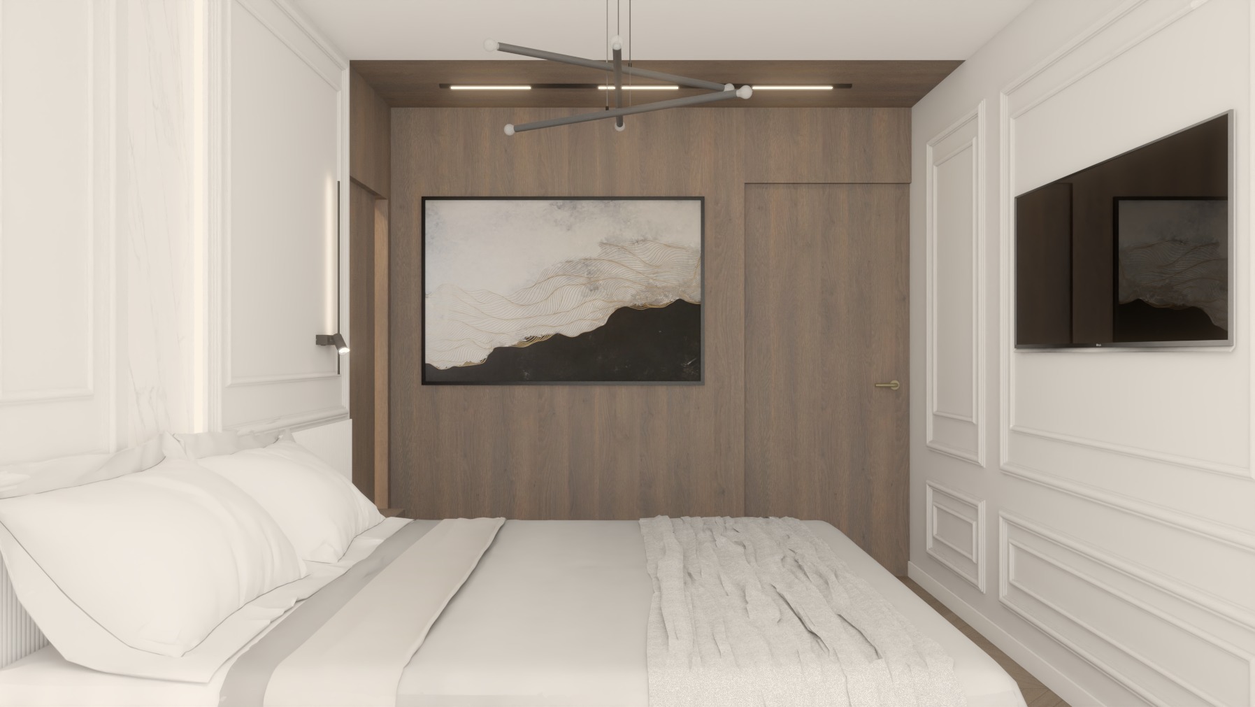 Nowoczesna sypialnia z łóżkiem, drewnianą ścianą, obrazem w czarnej ramie i telewizorem. Minimalistyczna lampa sufitowa i biała sztukateria dodają elegancji.