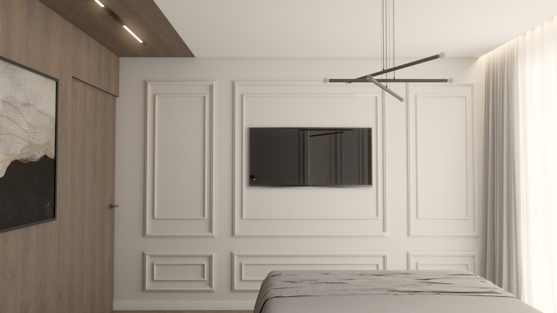 Nowoczesna sypialnia z telewizorem na ścianie z dekoracyjnymi panelami, minimalistyczna lampa sufitowa i drewniane elementy wykończeniowe.