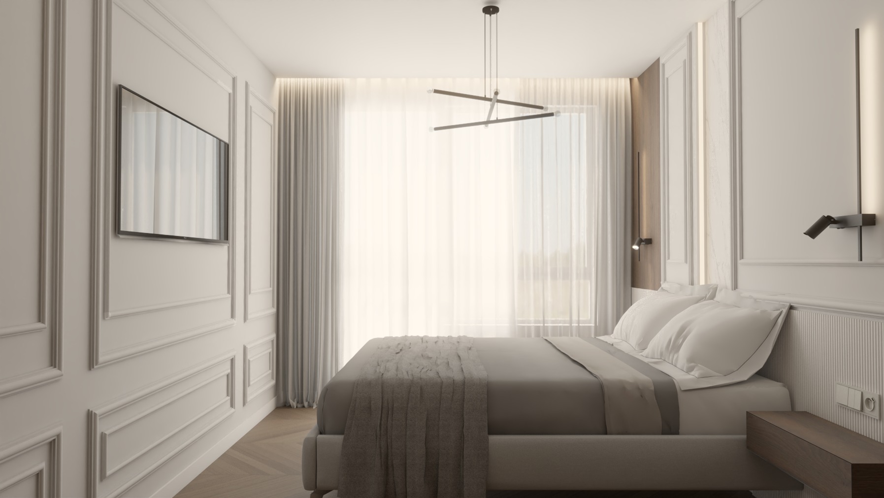 Elegancka sypialnia z dekoracyjnymi sztukateriami, minimalistycznym oświetleniem i telewizorem. Subtelne zasłony wpuszczają delikatne światło dzienne.