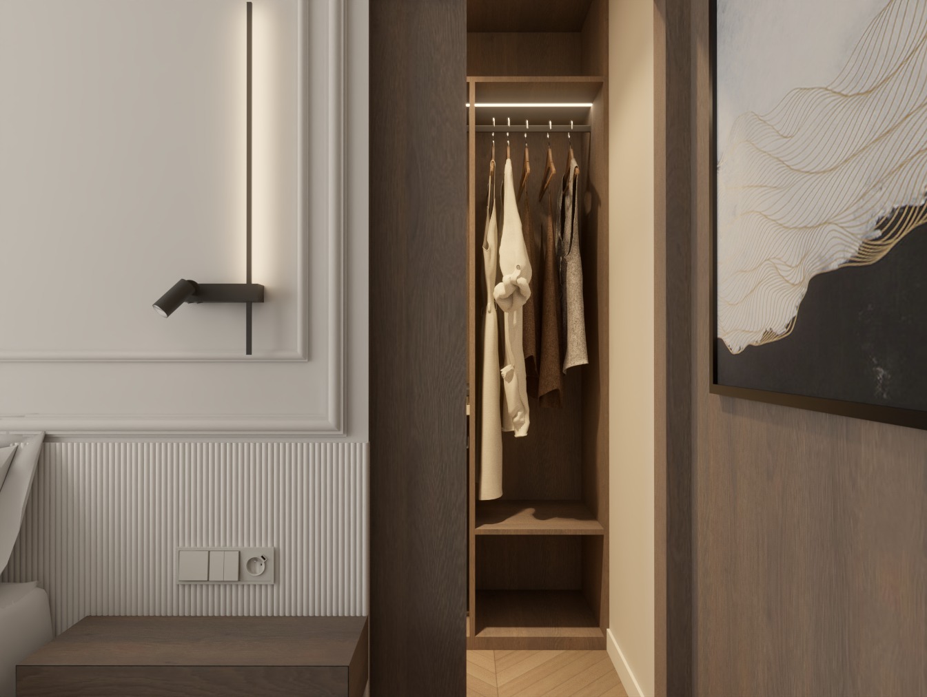 Nowoczesna szafa wnękowa z oświetleniem LED, drewniane wykończenie, minimalistyczny design, widoczne ubrania na wieszakach, dekoracja ścienna w tle.