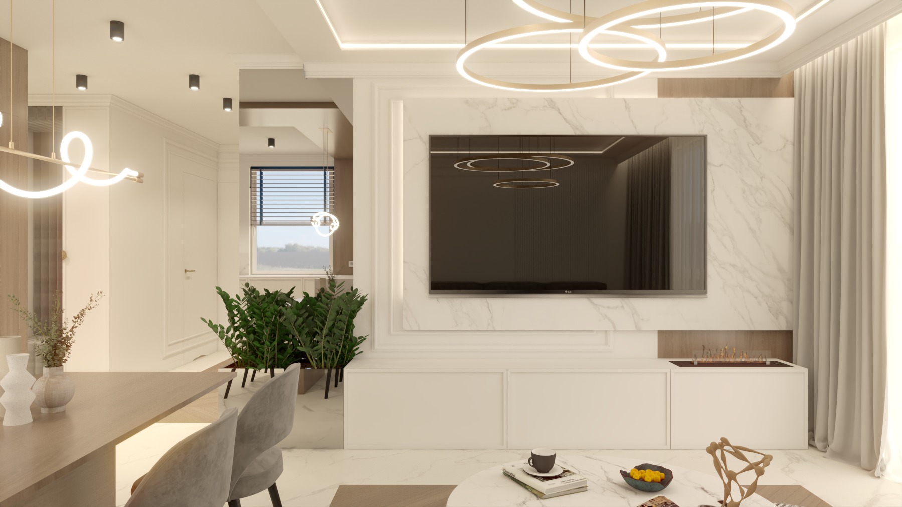 Nowoczesne wnętrze salonu z telewizorem na ścianie z marmurowym wykończeniem, oświetleniem LED i roślinami doniczkowymi. Stonowana kolorystyka.