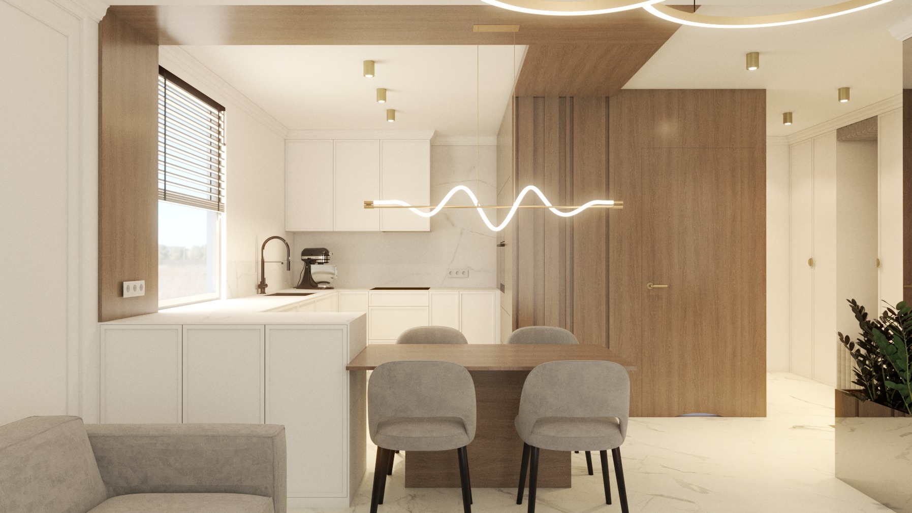 Nowoczesna aranżacja wnętrza: biała kuchnia z drewnianymi akcentami, designerska lampa nad stołem i marmurowa podłoga. Minimalistyczny styl i dbałość o detale.