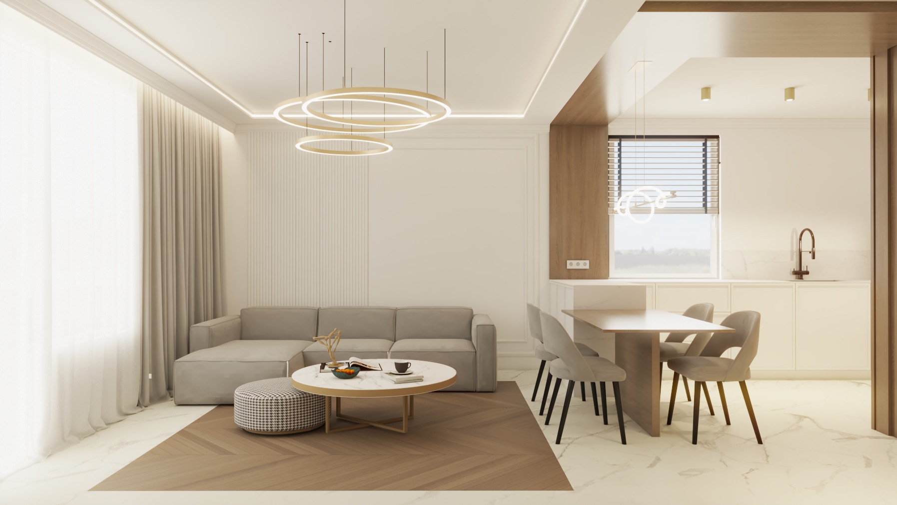 Jasne wnętrze: sofa, stolik kawowy z marmurowym blatem, okrągła lampa sufitowa. Widoczne krzesła i stół jadalny, kuchnia w tle. Parkiet ułożony we wzór jodełki.