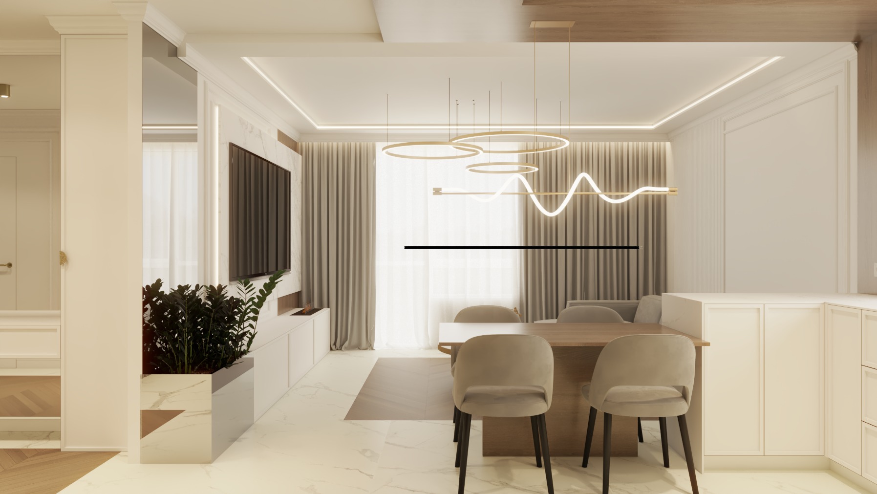 Jasne wnętrze: stół z krzesłami, minimalistyczna lampa, telewizor na ścianie z marmurowym wykończeniem i rośliny w donicy. Subtelne oświetlenie LED podkreśla nowoczesny design.