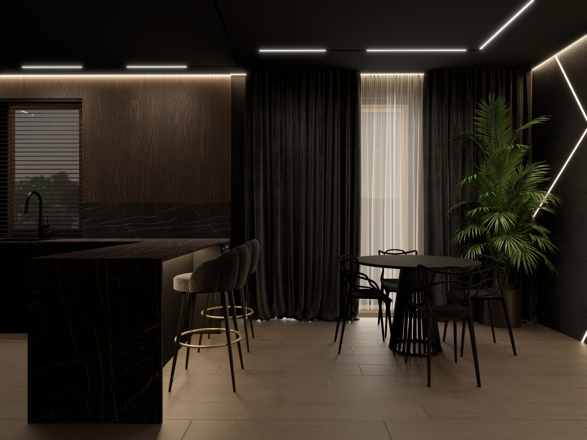 Nowoczesne wnętrze: czarna kuchnia z marmurowym blatem, krzesła barowe z złotymi akcentami, okrągły stół jadalny i dekoracyjne oświetlenie LED.