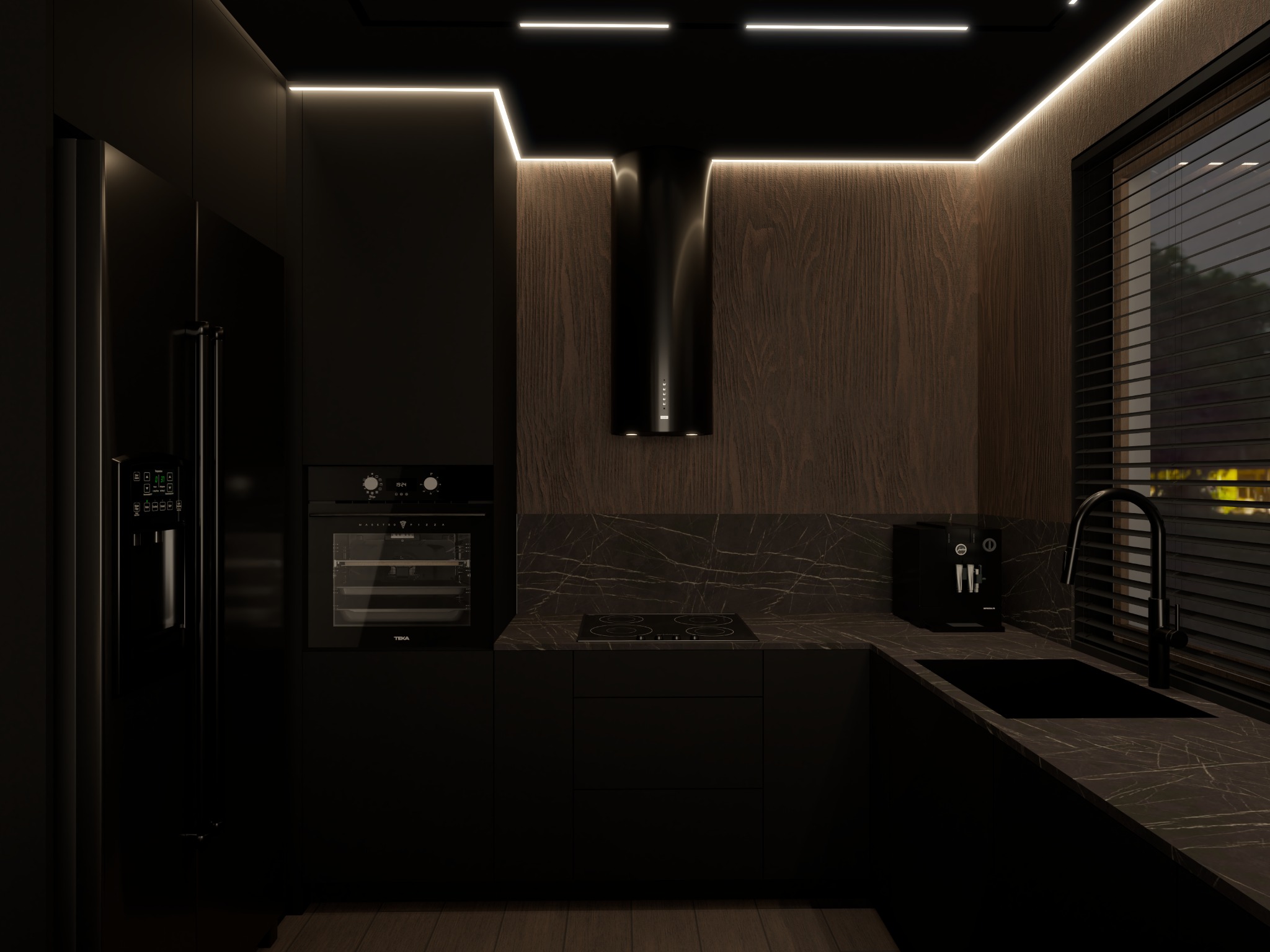 Nowoczesna, czarna kuchnia z drewnianymi akcentami: minimalistyczny design, podświetlane szafki, marmurowy blat, zabudowany piekarnik i okap. Stylowe i funkcjonalne wnętrze.