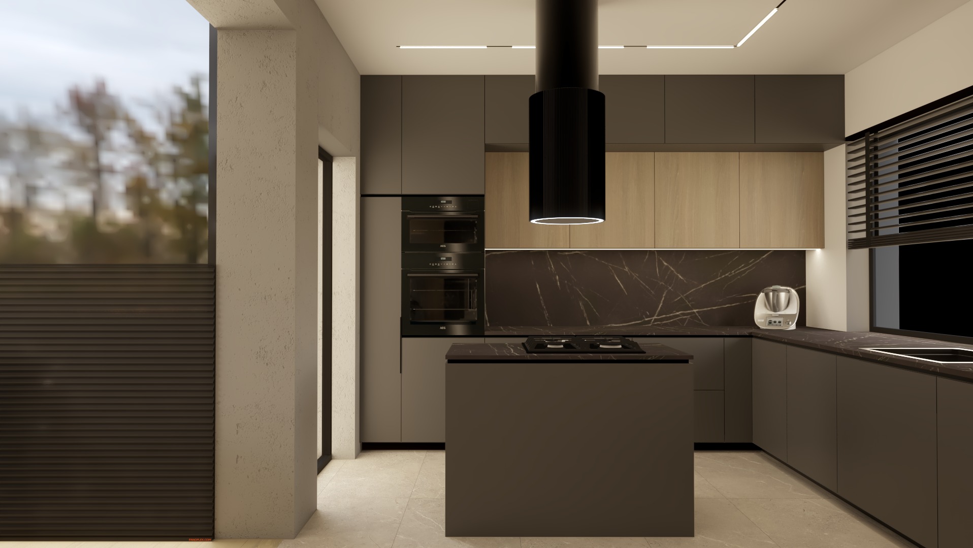 Nowoczesna kuchnia w odcieniach szarości i drewna z wyspą kuchenną i marmurowym blatem. Minimalistyczne oświetlenie LED podkreśla elegancki design.