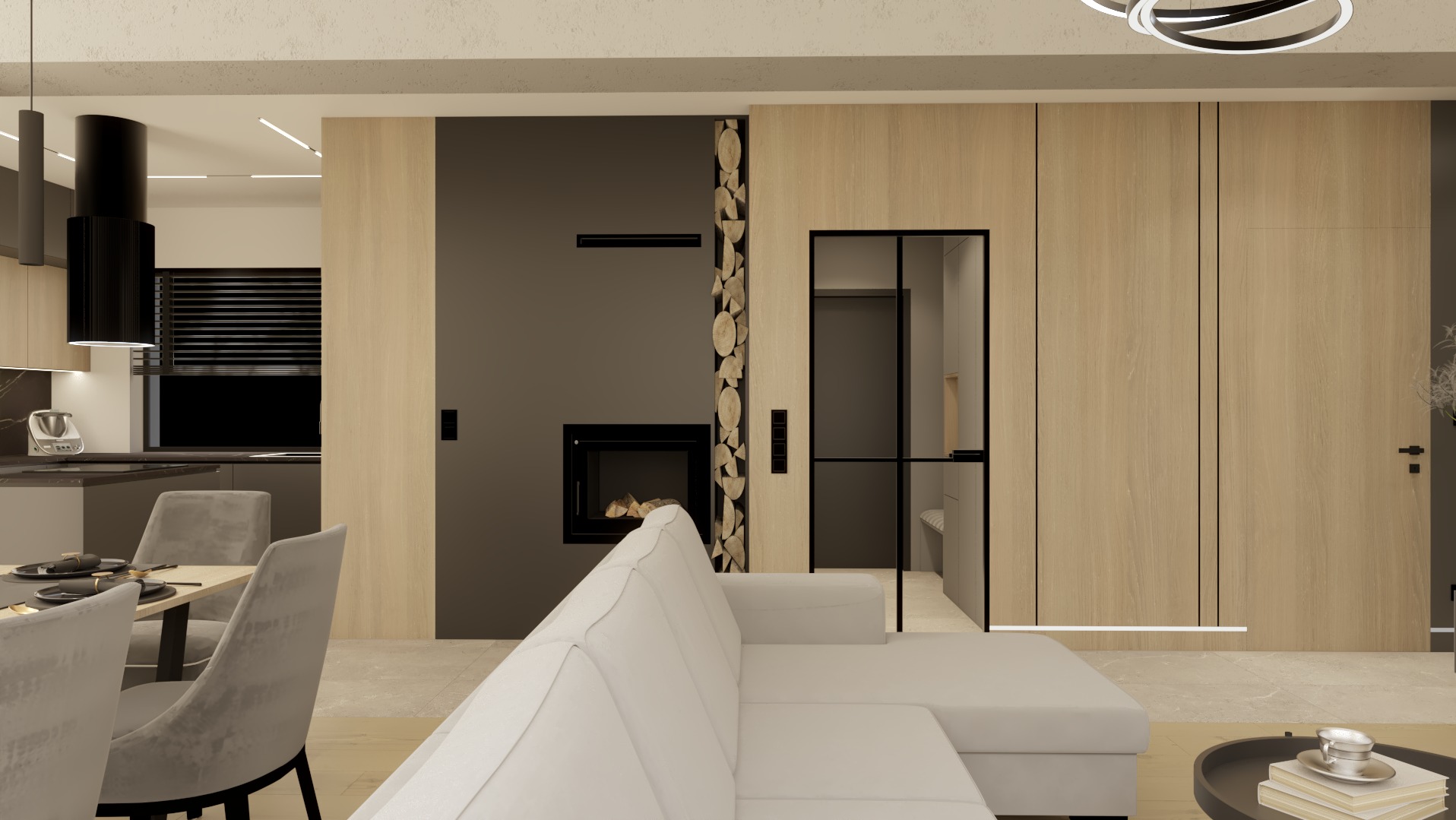 Nowoczesny salon z kominkiem i drewnianą zabudową. Minimalistyczny design, jasne kolory, sofa narożna i widok na jadalnię.  Akcenty drewna dodają ciepła wnętrzu.