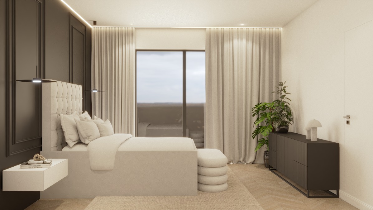 Elegancka sypialnia z dużym łóżkiem z tapicerowanym zagłówkiem, stolikiem nocnym i komodą z rośliną, oświetlona nowoczesnymi lampami wiszącymi i światłem dziennym.