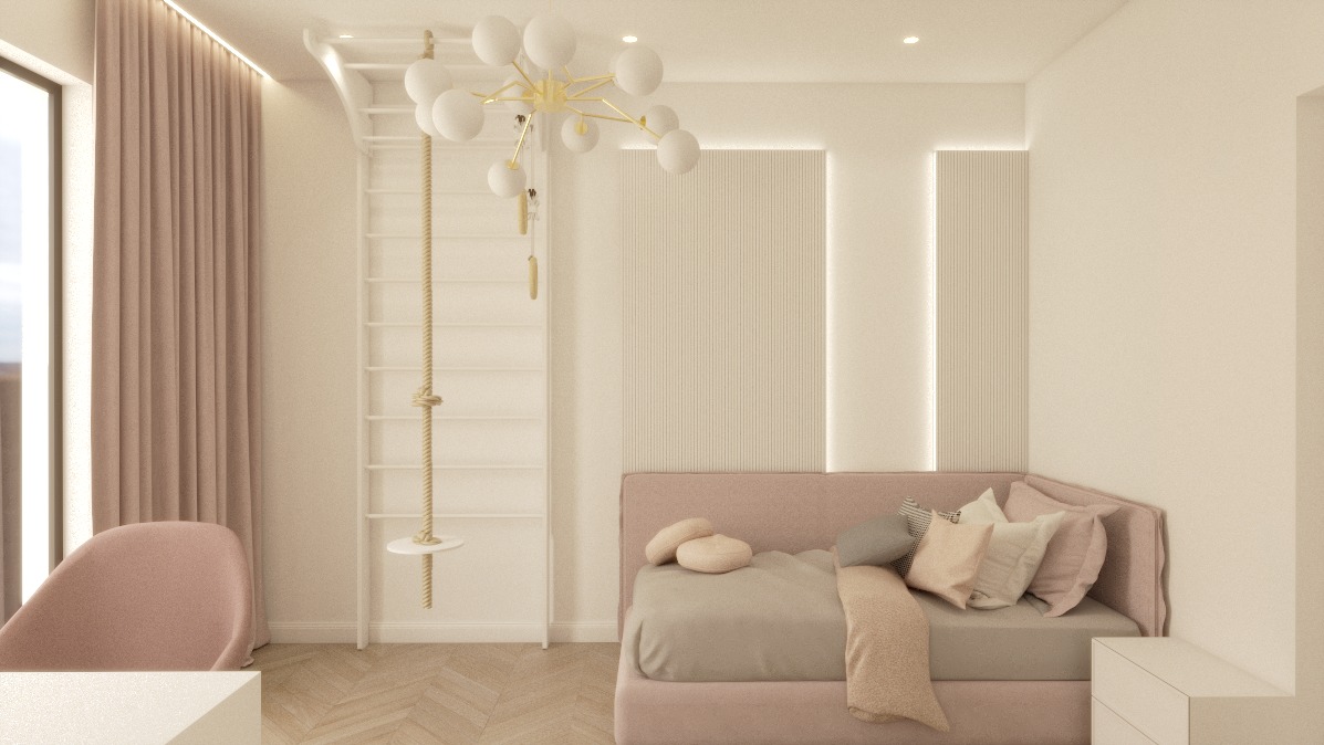 Pokój dziecięcy w pastelowych barwach: łóżko z poduszkami, drabinka gimnastyczna, designerska lampa. Minimalistyczny wystrój z akcentami różu i beżu.