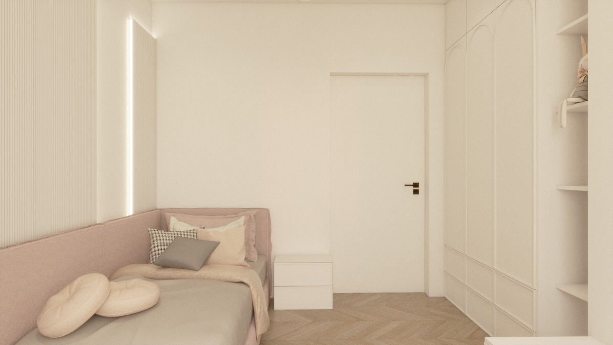 Jasna sypialnia z łóżkiem w odcieniach różu, minimalistyczną szafą i subtelnym oświetleniem. Parkiet w jodełkę dodaje elegancji.